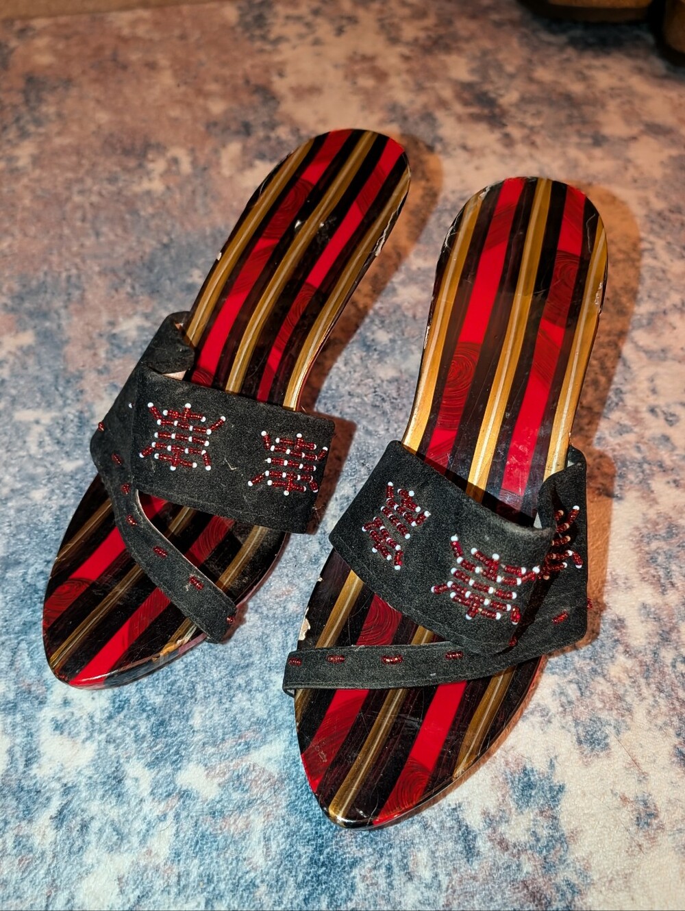 Vintage Dakao Handpainted Beaded Enamel Open-Toe Heels